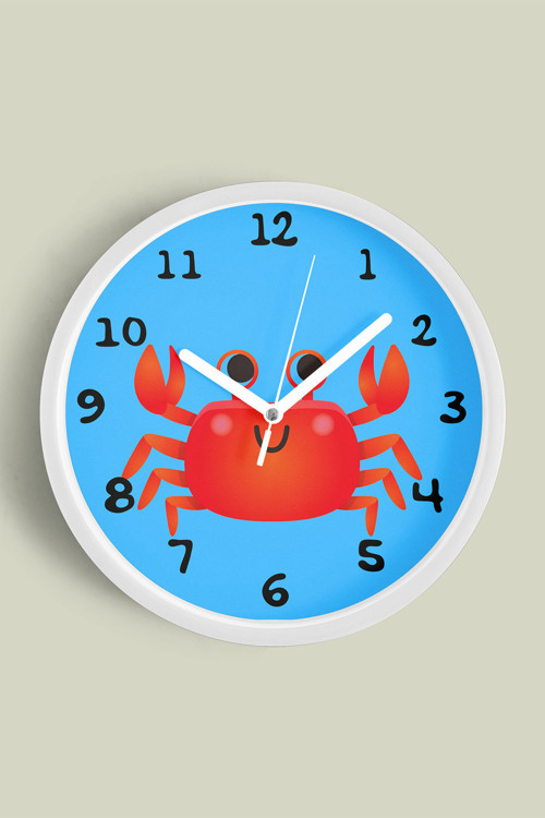 Sevimli Yengeç Çizimli Çocuk Odası Duvar Saati - 25Cm - Önü Camlı Beyaz Kasa - Sessiz Mekanizma