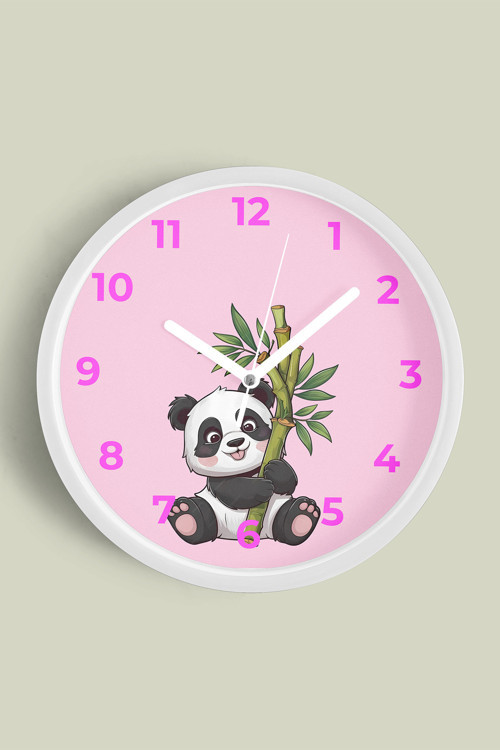 Sevimli Panda Çocuk Odası Duvar Saati - 35Cm - Önü Camlı Beyaz Kasa - Sessiz Mekanizma