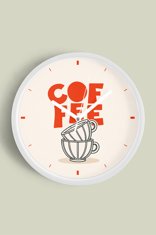 Modern Yazılı Tasarım - '' Coffee '' Mutfak Duvar Saati - 25Cm - Önü Camlı Beyaz Kasa