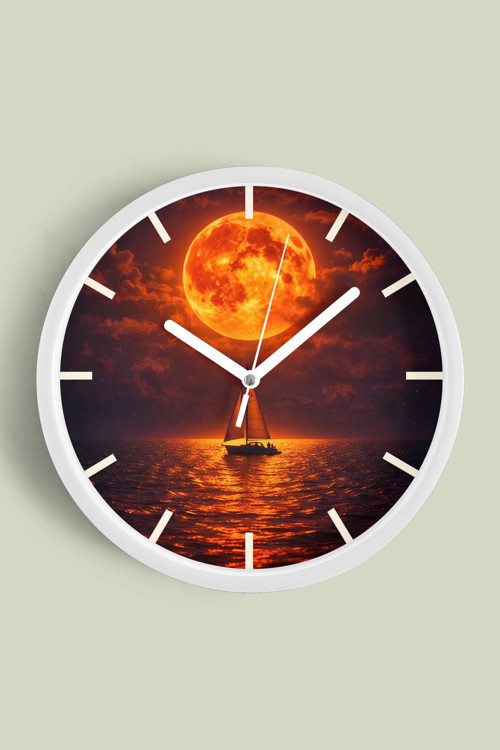 Soyut - Bohem - Doğa - Deniz Manzaralı Modern Duvar Saati - 30Cm - Önü Camlı Beyaz Kasa