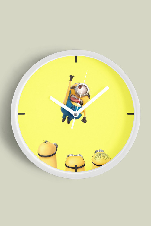 Sevimli Minyonlar Temalı Çocuk Odası Modern Duvar Saati - 42Cm - Önü Camlı Beyaz Kasa