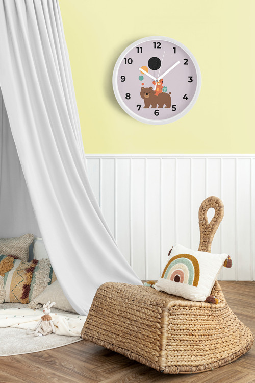 Sevimli Hayvanlar Modern Tasarım Çocuk Odası Duvar Saati - 35Cm - Önü Camlı Beyaz Kasa