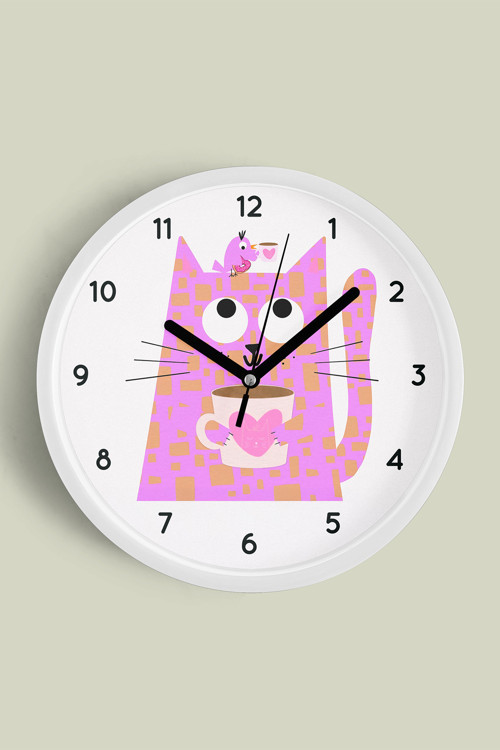 Kahve Içen Kedi Tasarım Modern Duvar Saati - Çocuk Odası Duvar Saati - 35Cm - Önü Camlı Beyaz Kasa