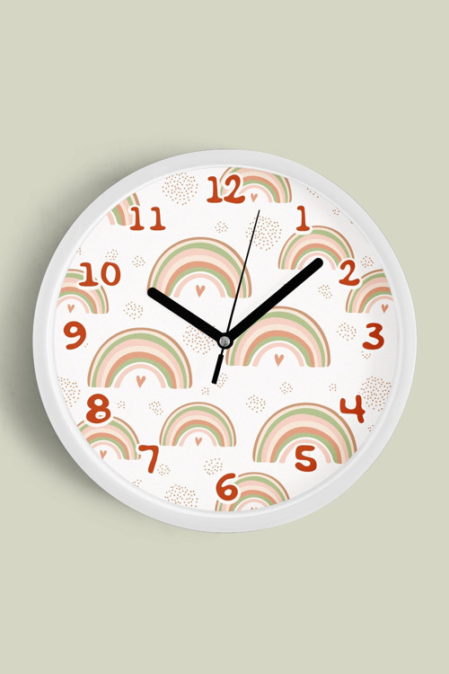 Pastel Gökkuşağı Çocuk Odası Duvar Saati - 25Cm - Önü Camlı Beyaz Kasa - Sessiz Mekanizma