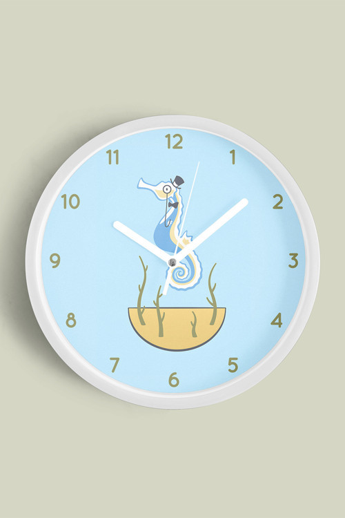 Sevimli Denizatı Modern Çocuk Odası Duvar Saati - 30Cm - Önü Camlı Beyaz Kasa - Sessiz Mekanizma