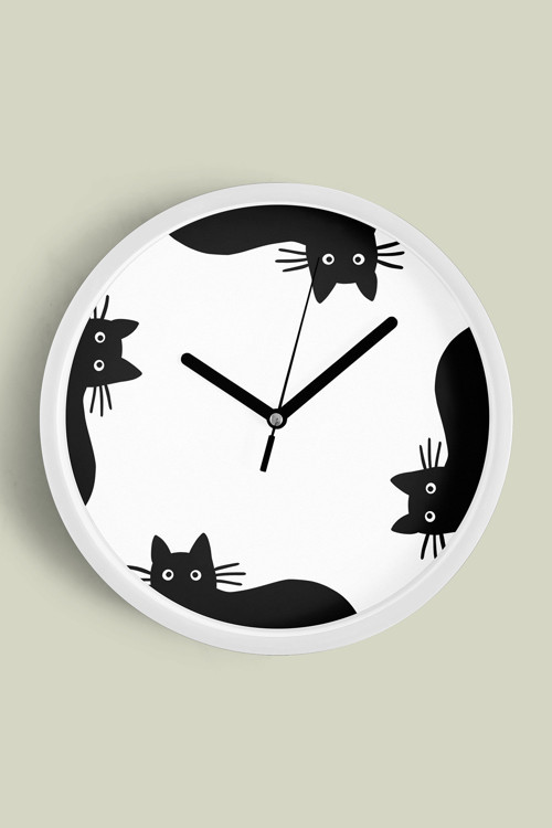 Kedi Tasarım Modern Duvar Saati - 35Cm - Önü Camlı Beyaz Kasa - Sessiz Mekanizma