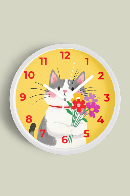 Sevimli Kedi Çocuk Odası Duvar Saati - 30Cm - Önü Camlı Beyaz Kasa - Sessiz Mekanizma
