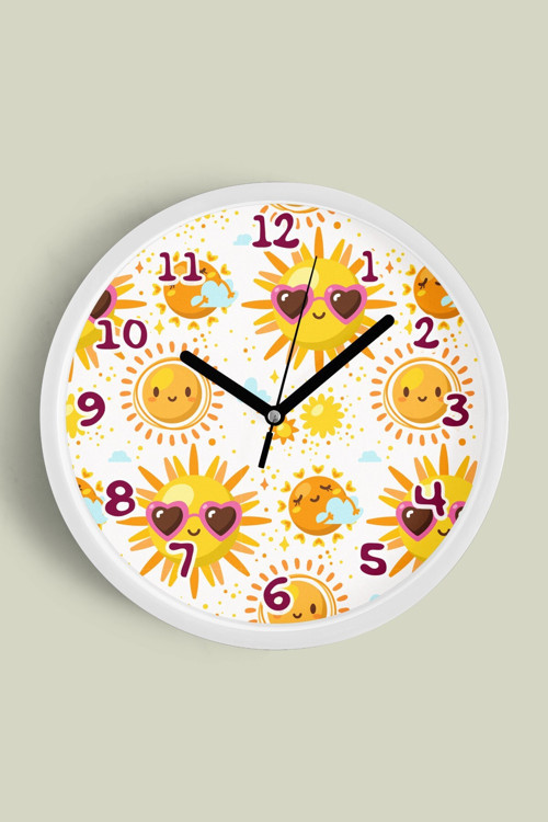 Sevimli Güneş Desenli Çocuk Odası Duvar Saati - 30Cm - Önü Camlı Beyaz Kasa - Sessiz Mekanizma