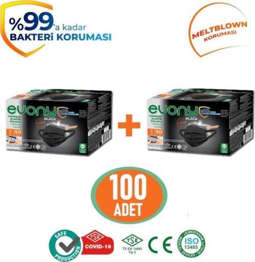 Black Elastik Kulaklı Siyah Maske 100 Adet 50 Li 2 Kutu