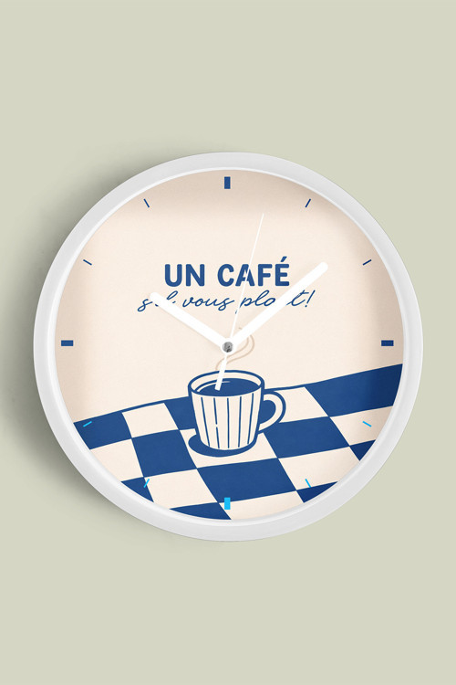 Modern Yazılı Tasarım - '' Un Cafê '' Mutfak Duvar Saati - 35Cm - Önü Camlı Beyaz Kasa