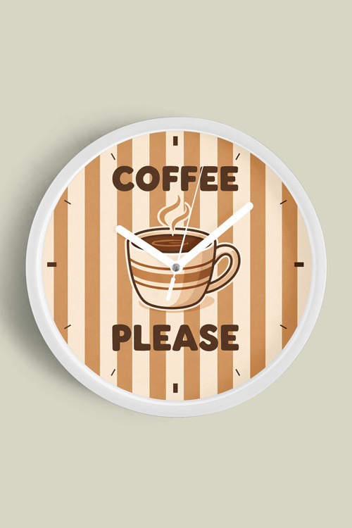 Modern Yazılı Tasarım - '' Coffee Please'' Mutfak Duvar Saati - 25Cm - Önü Camlı Beyaz Kasa