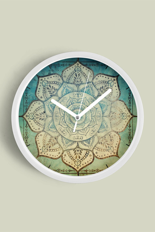 Soyut Mandala Temalı Modern Duvar Saati - 30Cm - Önü Camlı Beyaz Kasa - Sessiz Mekanizma