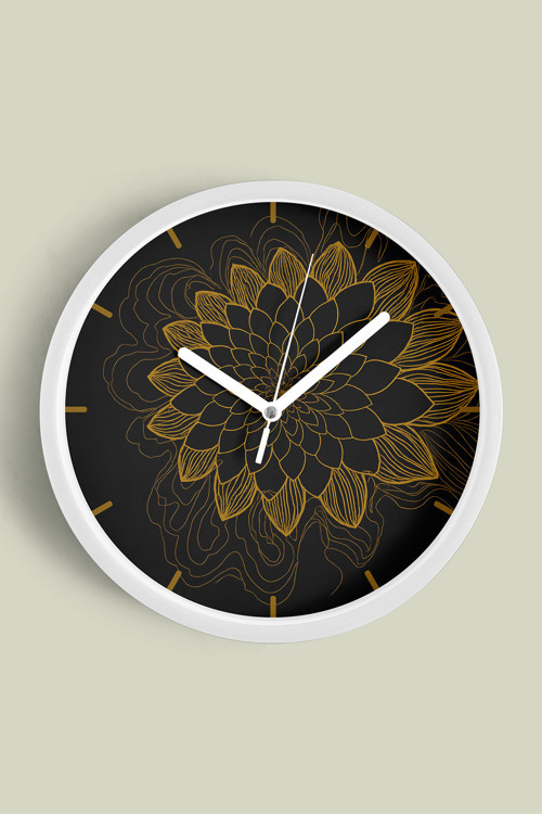 Mandala Tarzı Çiçek Çizimi Modern Duvar Saati - 35Cm - Önü Camlı Beyaz Kasa - Sessiz Mekanizma