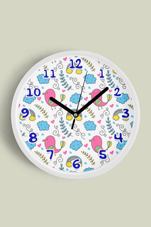 Sevimli Kuş Ve Gökkuşağı Desenli Çocuk Odası Duvar Saati - 35Cm - Önü Camlı Beyaz Kasa