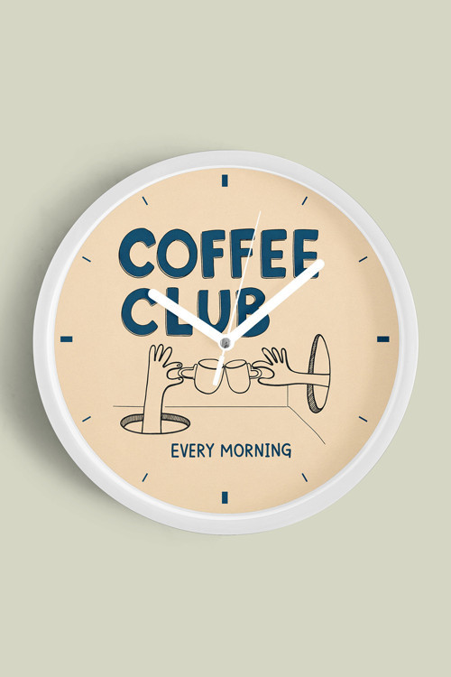 Modern Yazılı Tasarım - '' Coffee Club '' Mutfak Duvar Saati - 30Cm - Önü Camlı Beyaz Kasa