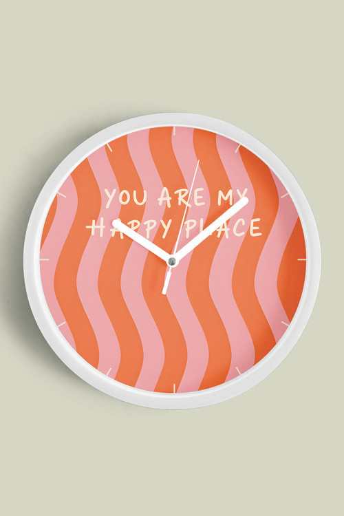 Modern Yazılı Tasarım - '' You Are My Happy Place '' Duvar Saati - 25Cm - Önü Camlı Beyaz Kasa