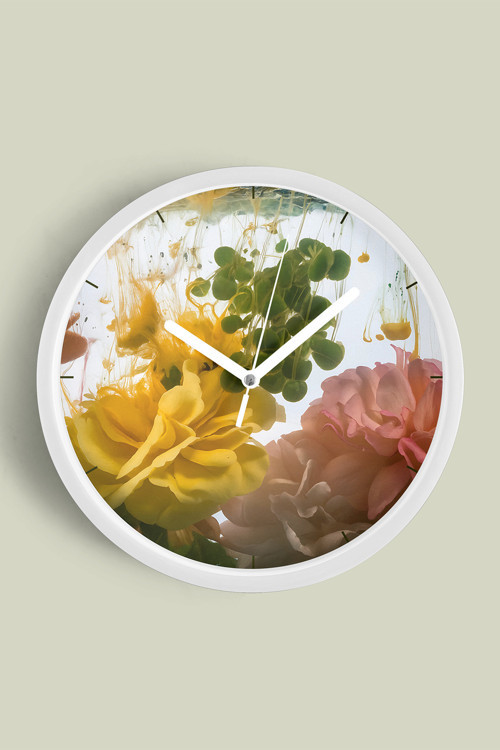Sanatsal Çiçek Tasarımlı Modern Duvar Saati - 30Cm - Önü Camlı Beyaz Kasa - Sessiz Mekanizma