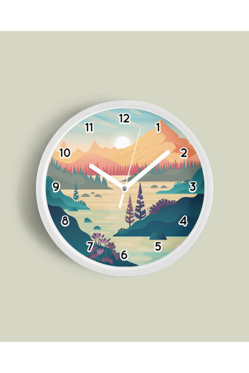 Soyut - Bohem - Doğa - Deniz Manzaralı Modern Duvar Saati - 25Cm - Önü Camlı Beyaz Kasa