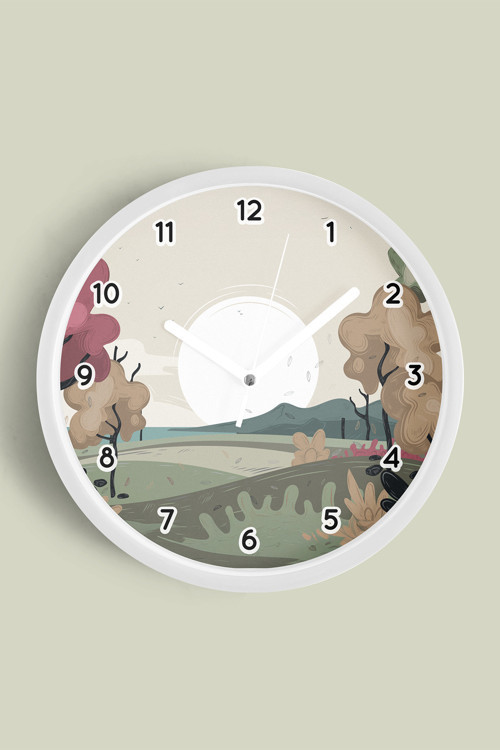 Soyut - Bohem - Doğa - Deniz Manzaralı Modern Duvar Saati - 25Cm - Önü Camlı Beyaz Kasa