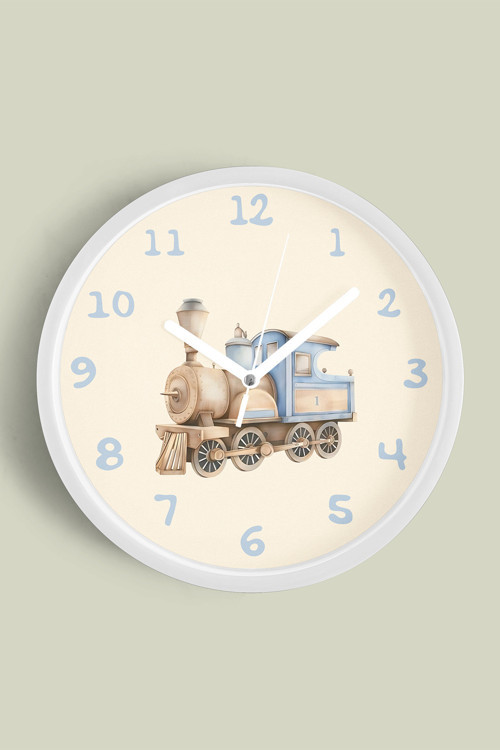 Tren Tasarımı Çocuk Odası Duvar Saati - 35Cm - Önü Camlı Beyaz Kasa - Sessiz Mekanizma
