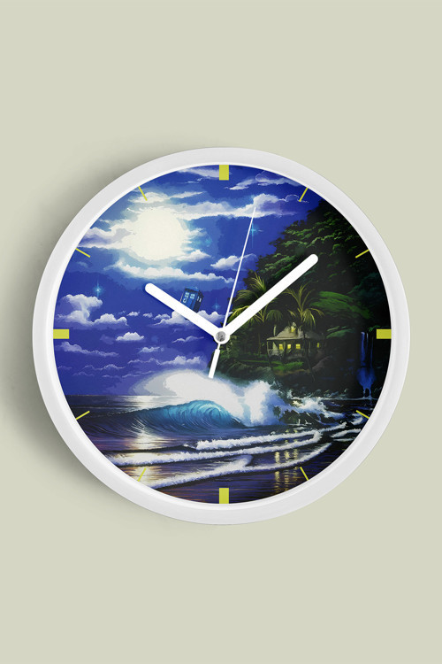 Gece Manzaralı Okyanus Dalgaları Modern Duvar Saati - 25Cm - Önü Camlı Beyaz Kasa - Sessiz Mekanizma