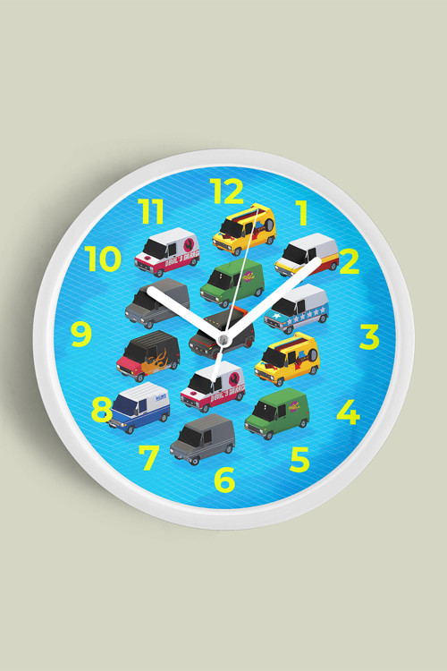 Renkli Minibüs Çizimli Modern Çocuk Odası Duvar Saati - 25Cm - Önü Camlı Beyaz Kasa