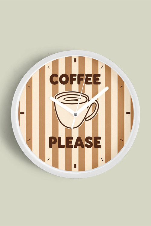Modern Yazılı Tasarım - '' Coffee Please'' Mutfak Duvar Saati - 35Cm - Önü Camlı Beyaz Kasa