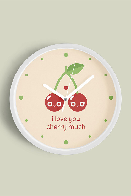 '' I Love You , Cherry Much '' Yazıllı Modern Tasarım Duvar Saati - 35Cm - Önü Camlı Beyaz Kasa