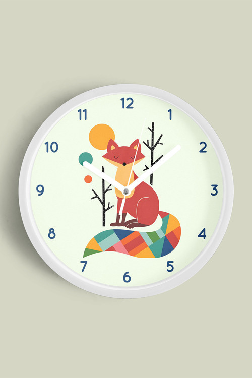 Sevimli Tilki Temalı Çocuk Odası Modern Duvar Saati - 30Cm - Önü Camlı Beyaz Kasa - Sessiz Mekanizma