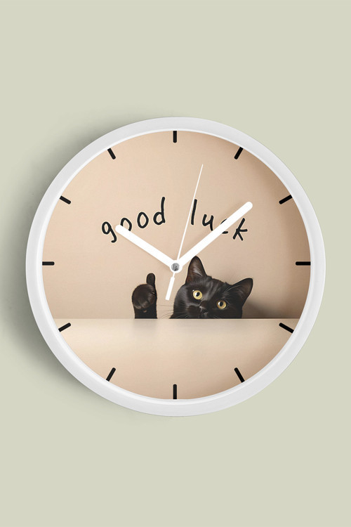 Good Luck Kedi Tasarımı Modern Duvar Saati - 30Cm - Önü Camlı Beyaz Kasa - Sessiz Mekanizma