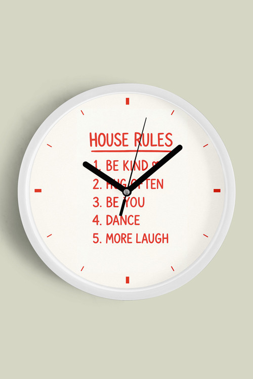 Modern Yazılı Tasarım - '' House Rules - Ev Kuralları '' Duvar Saati - 35Cm - Önü Camlı Beyaz Kasa