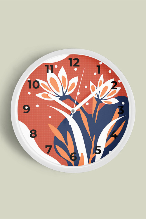 Soyut - Bohem Çiçek Modern Duvar Saati - 25Cm - Önü Camlı Beyaz Kasa - Sessiz Mekanizma