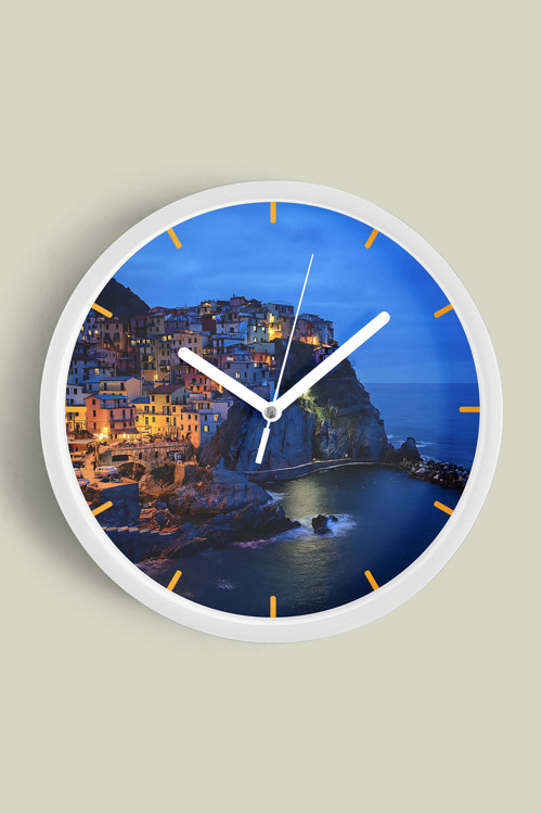 İtalya'Daki Amalfi Sahili Doğa Manzara Modern Duvar Saati - 35Cm - Önü Camlı Beyaz Kasa
