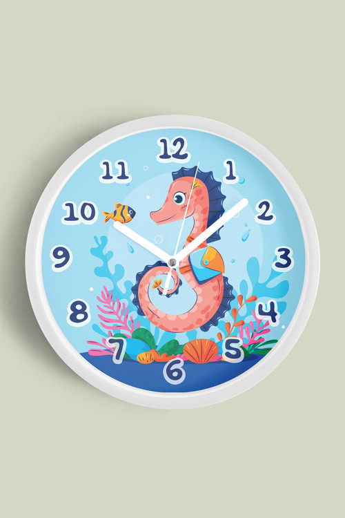 Sevimli Denizatı Çocuk Odası Duvar Saati - 35Cm - Önü Camlı Beyaz Kasa - Sessiz Mekanizma