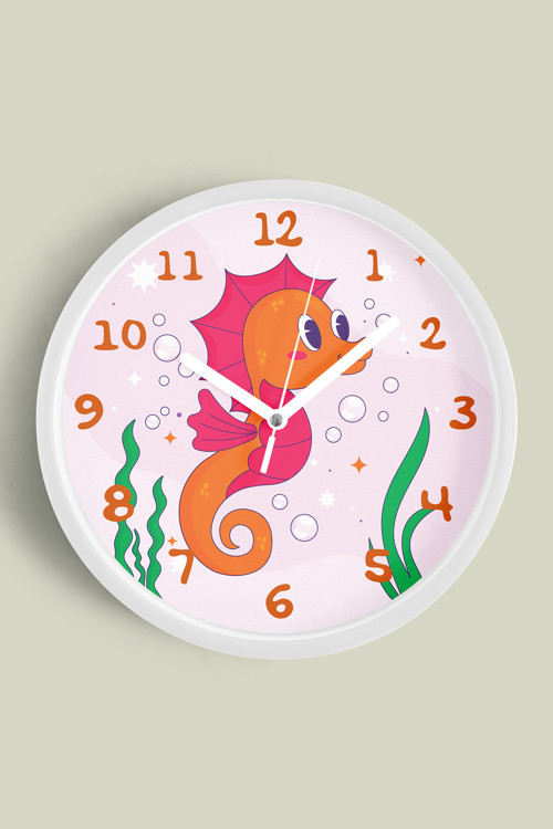 Sevimli Denizatı Çocuk Odası Duvar Saati - 35Cm - Önü Camlı Beyaz Kasa - Sessiz Mekanizma