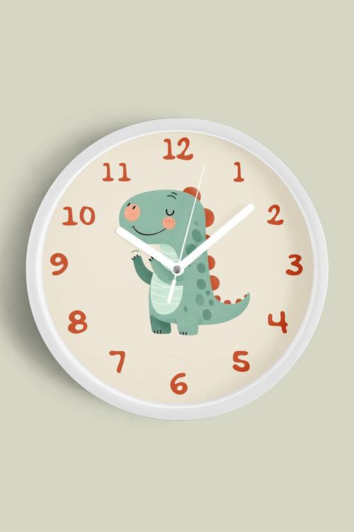 Sevimli Dinozor Çocuk Odası Duvar Saati - 30Cm - Önü Camlı Beyaz Kasa - Sessiz Mekanizma