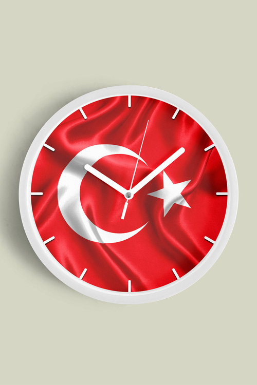 Türk Bayrağı Temalı Dekoratif Modern Duvar Saati - 30Cm - Önü Camlı Beyaz Kasa - Sessiz Mekanizma