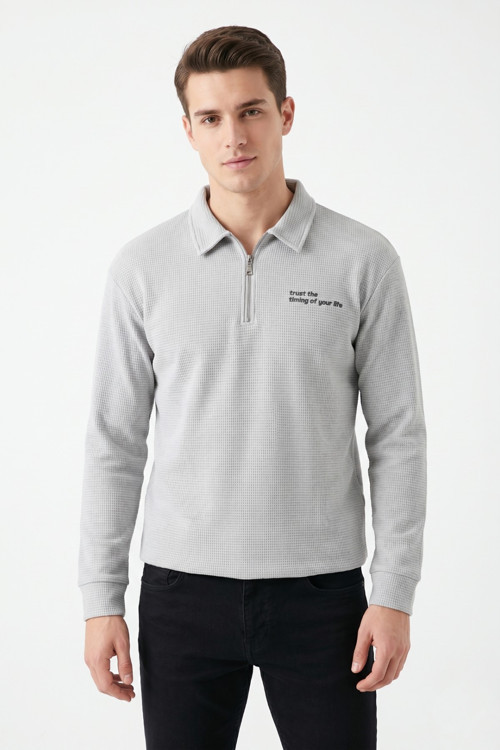 Erkek Spor Polo Yaka Petek Dokulu Sweatshırt BGL-ST05442