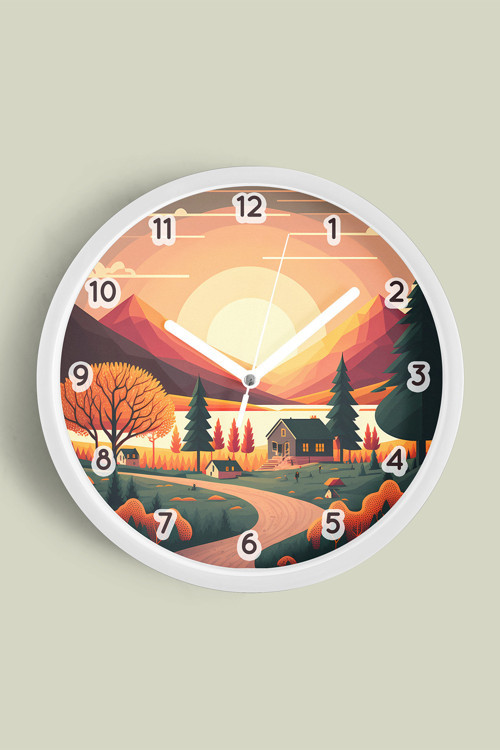 Soyut - Bohem - Doğa - Deniz Manzaralı Modern Duvar Saati - 30Cm - Önü Camlı Beyaz Kasa - Sessiz