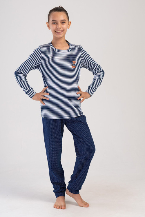 YAKE STORE KIZ COCUK INTERLOCK O YAKA UZUN KOL ETEGI OVAL MANSETLI PIJAMA TAKIM(7-8/13-14) - INDIGO