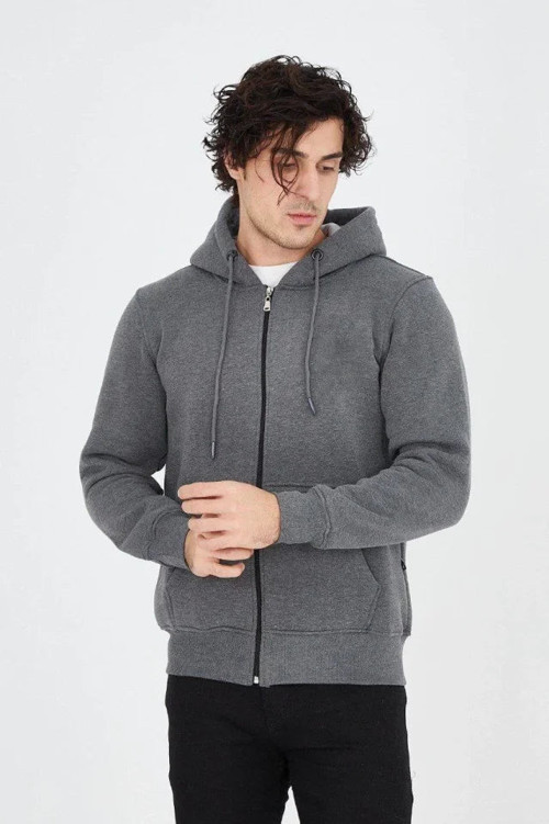 YAKE STORE Erkek Kapüşonlu Düz Fermuarlı Hırka - Füme - Füme