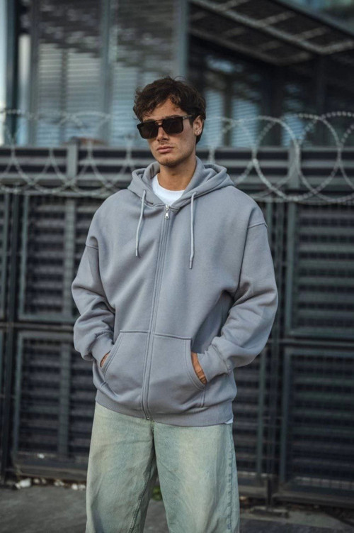 YAKE STORE Oversize Tam Fermuarlı Uzun Kol Hırka - Gri - Gri