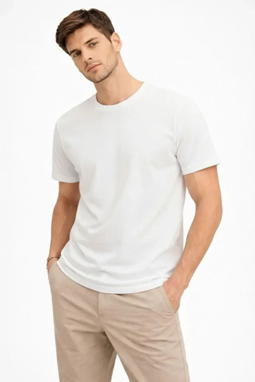 YAKE STORE Erkek Bisiklet Yaka Tişört Regular Kalıp Basic Pamuklu Günlük Kullanım T-shirt - Beyaz - Beyaz