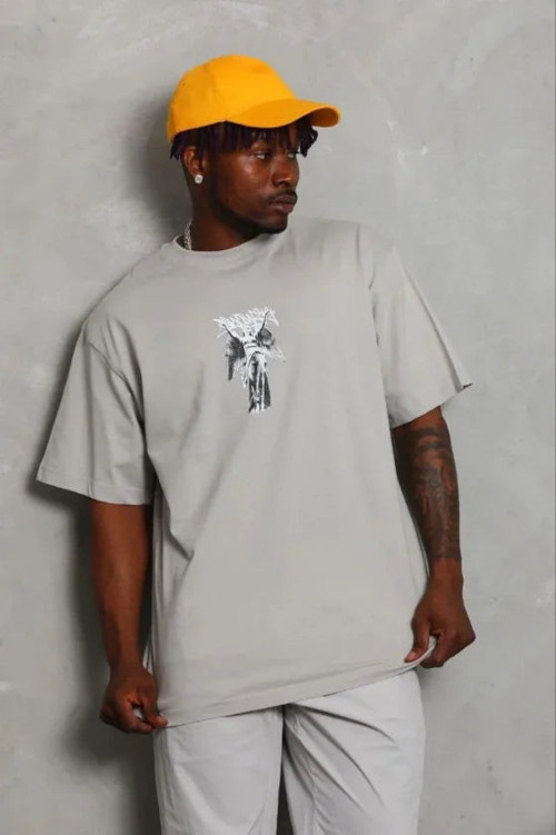 YAKE STORE Erkek Baskılı T-Shirt Kısa Kol Bisiklet Yaka Regular Fit Rahat Kalıp Günlük Tişört - Gri - Gri