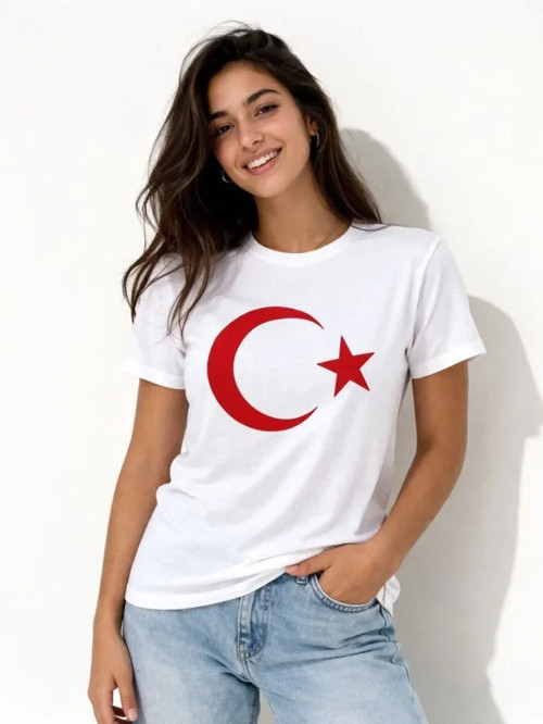 YAKE STORE T-Shirt Kısa Kol Bisiklet Yaka Ay Yıldız Bayrak Baskılı Tişört - Beyaz - Beyaz