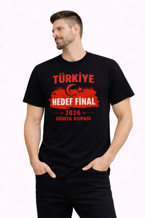 YAKE STORE Erkek TÜRKİYE Baskılı Tişört Ay Yıldız 2026 Dünya Kupası Taraftar Forma T-Shirt - Siyah - Siyah