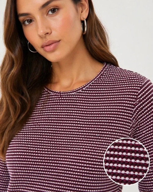 YAKE STORE Dokulu Çizgili Uzun Kollu Tişört Oval Kesim Basic Rahat Kalıp Bluz - Bordo - Bordo