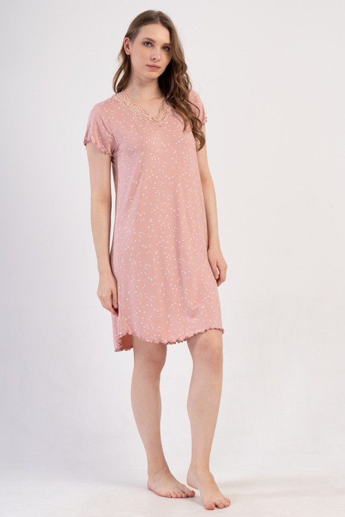 YAKE STORE KADIN LYC VISCON XXL V YAKA DANTELLI BIBILALI KISA KOL ETEGI OVAL TUNIK - LIGHT PINK