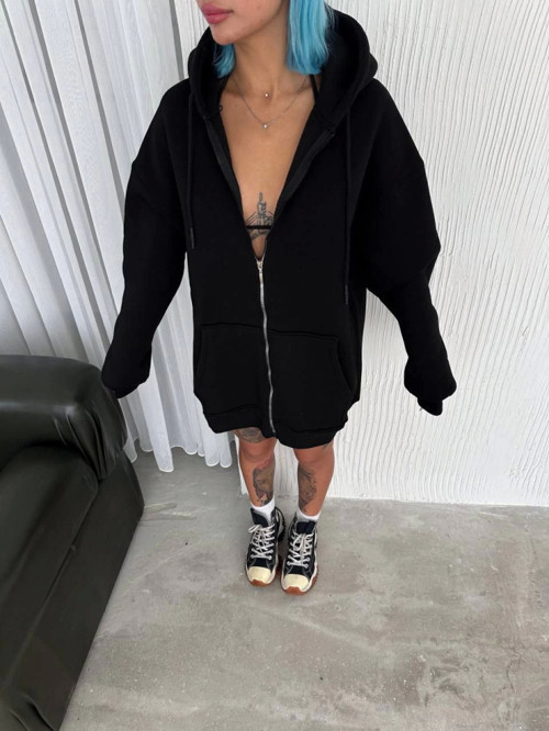 YAKE STORE Oversize Tam Fermuarlı Uzun Kol Hırka - Siyah - Siyah