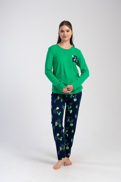 YAKE STORE KADIN INTERLOK XXL O YAKA UZUN KOL ETEGI OVAL PIJAMA TAKIM - BRIGHT GREEN